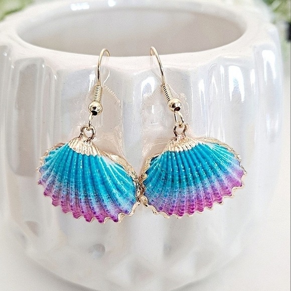 Gold statement earrings blue pink seashell boho mermaid beach tropical 💖 2/$30 - Picture 4 of 13